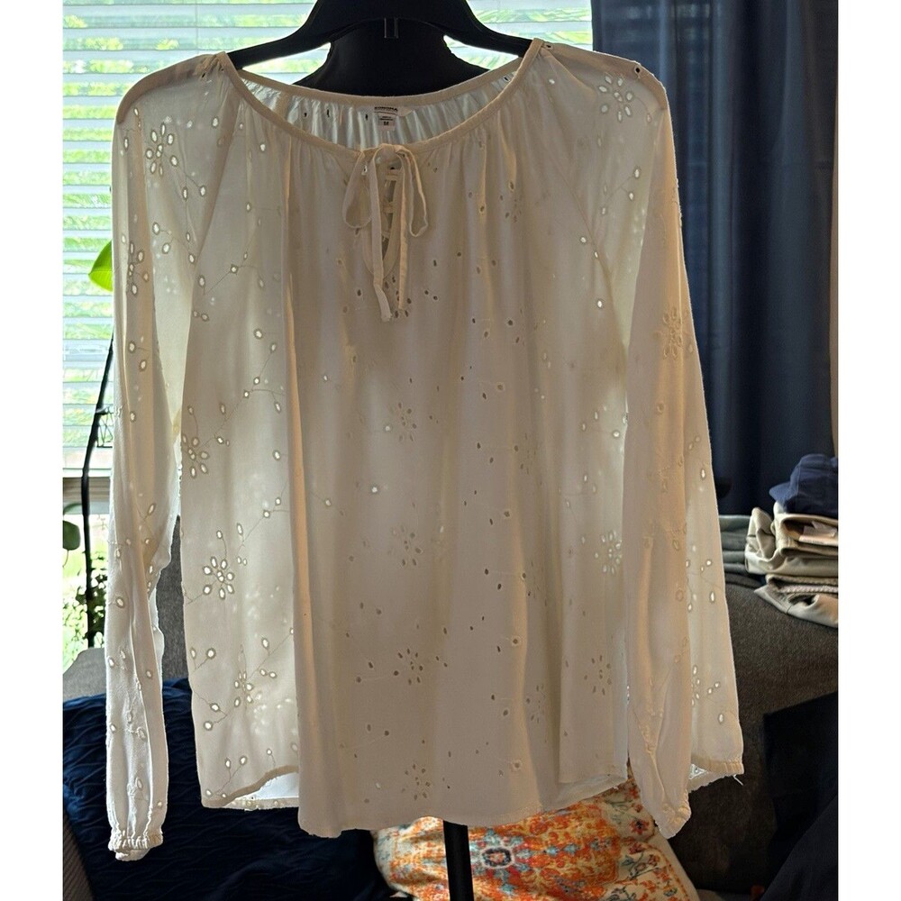 Sonoma Goods For Life Women's White Solid Tie-Neck Embroidered Woven Blouse M